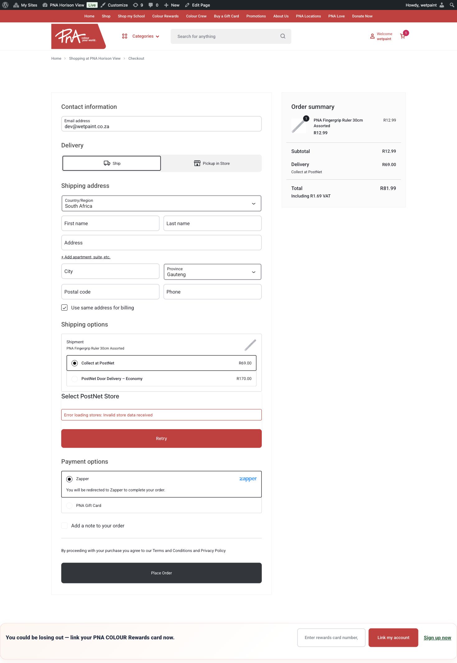 PNA checkout summary showing a R12.99 item, R69 delivery and R81.99 total