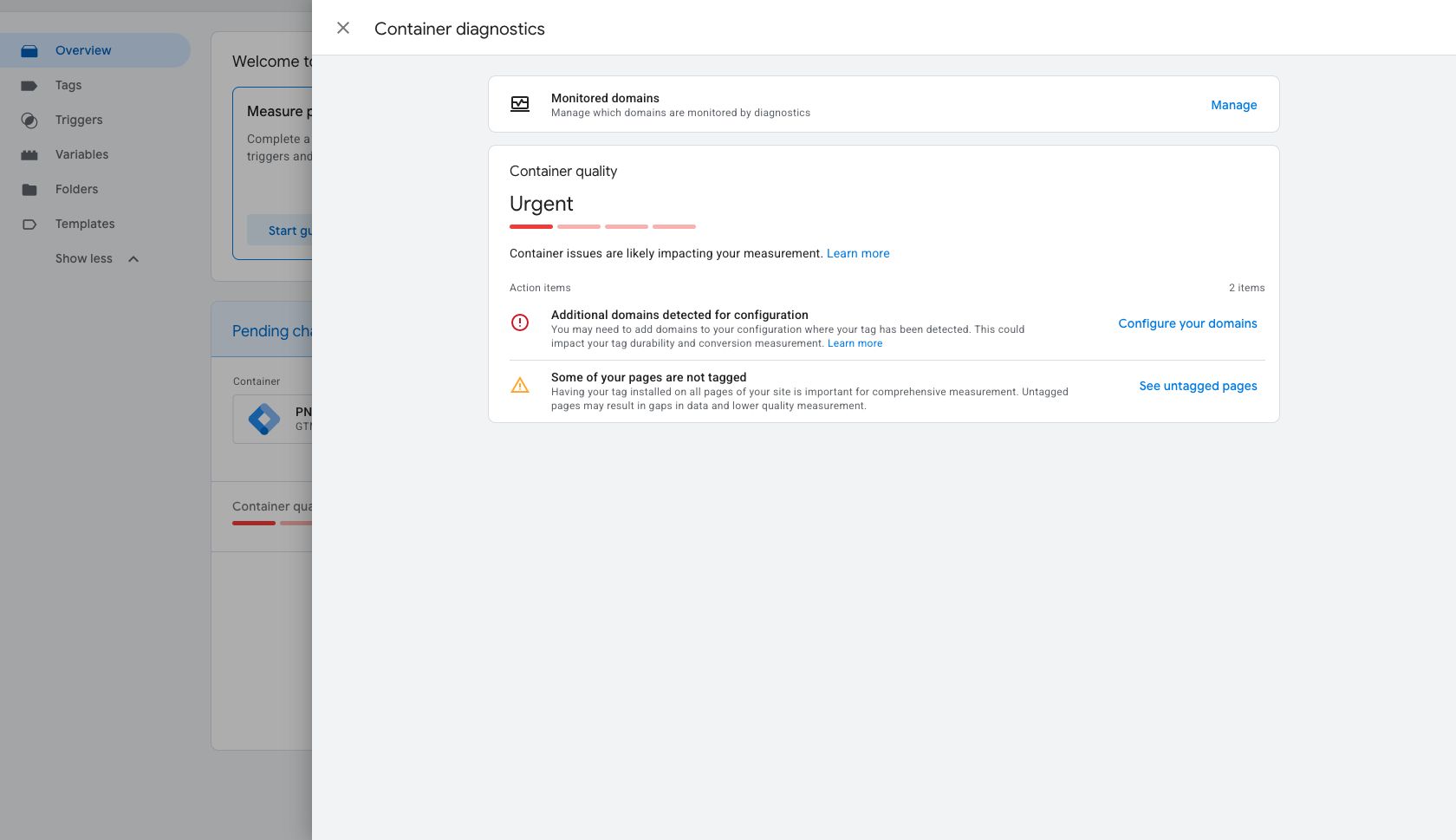 Google Tag Manager diagnostics showing urgent container quality and two action items