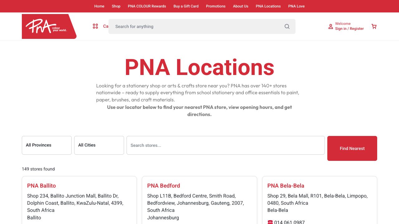 PNA Locations page with province, city and store search filters