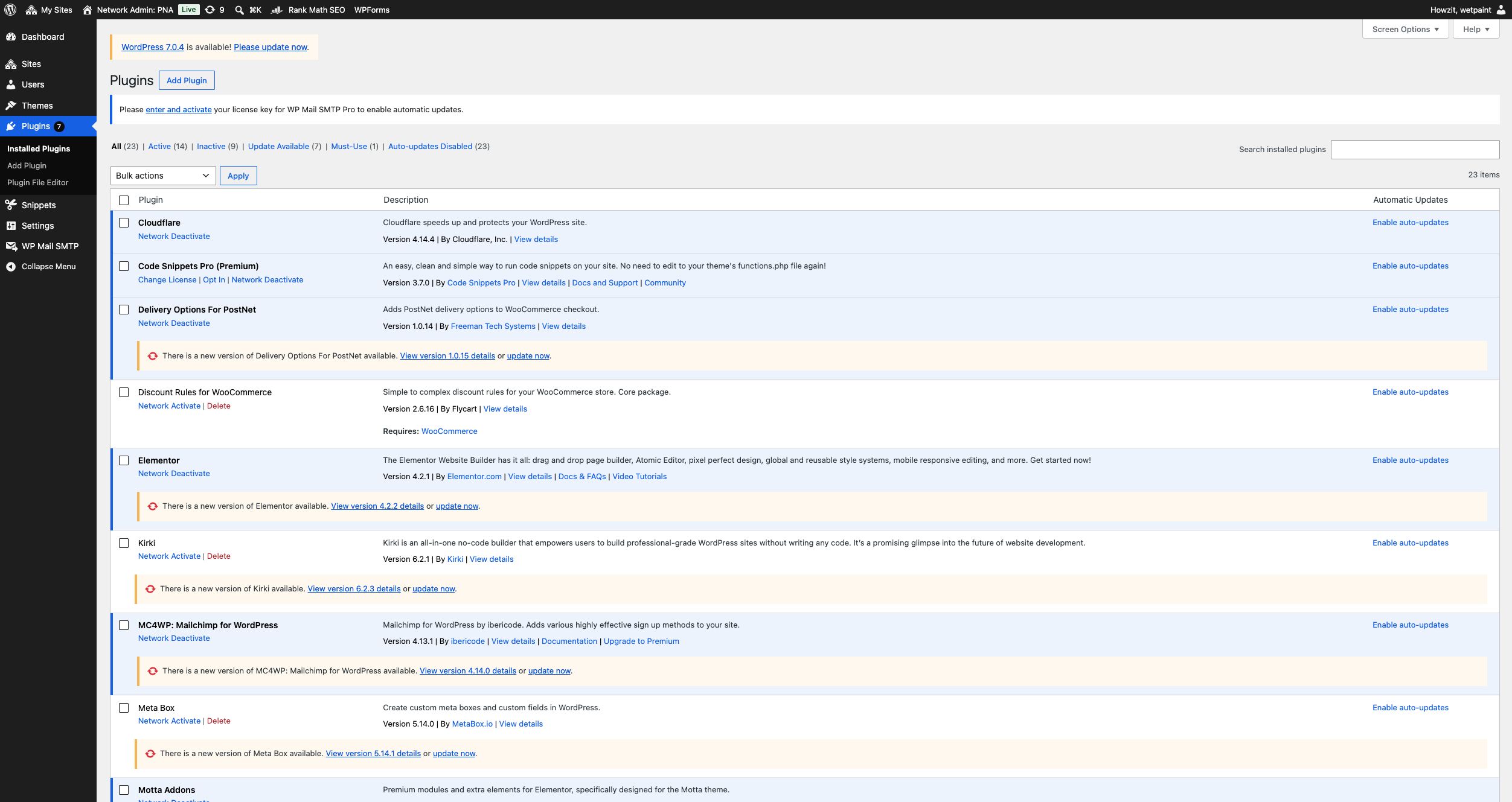 PNA Network Admin plugins screen showing available PostNet, Elementor, Kirki and Meta Box updates