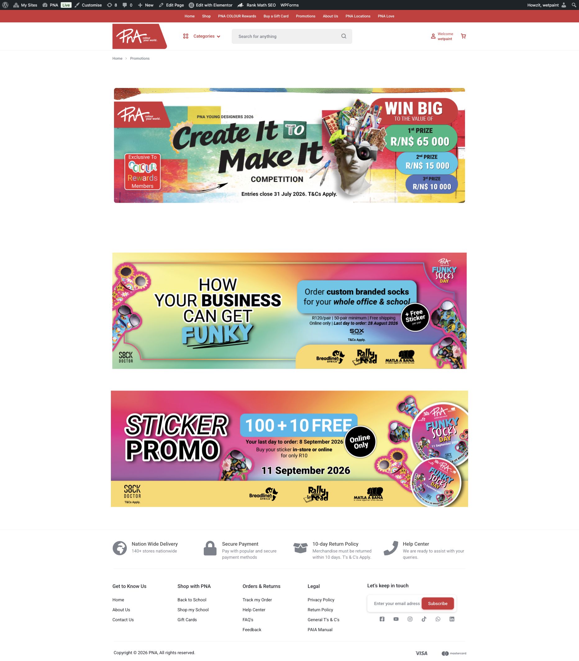 PNA Promotions page showing an expired July competition banner above current Funky Socks campaign banners