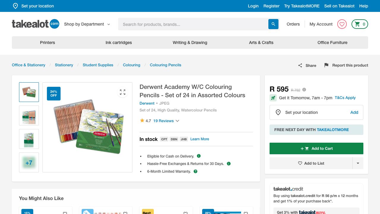 Takealot product page for Derwent Academy 24-pack watercolour pencils showing delivery timing, stock, reviews, wishlist and recommended products