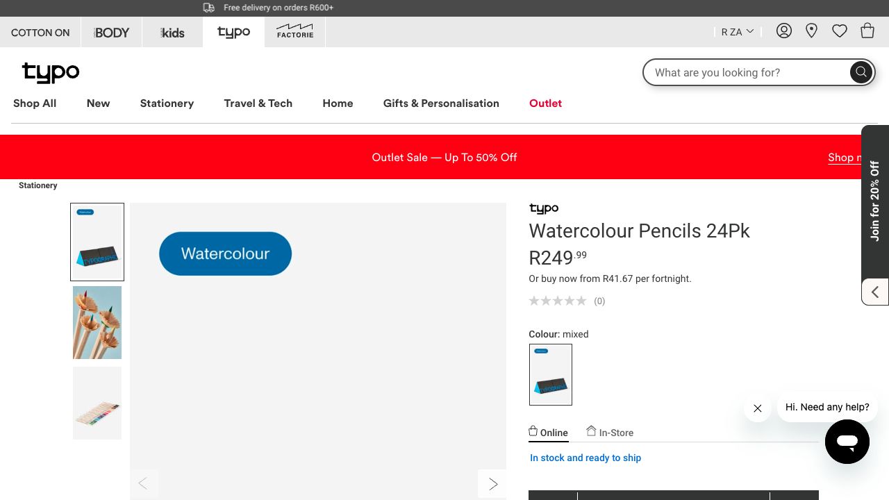 Typo product page for 24-pack watercolour pencils showing online and in-store availability, wishlist, delivery information, product details and related products